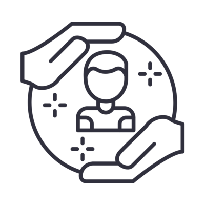 A black icon depicting a person holding a circle containing another person inside it.