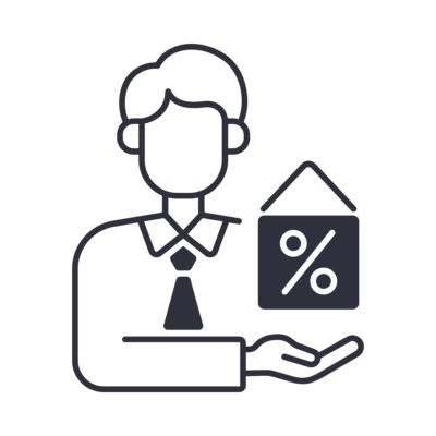 An icon of a man holds a small house in one hand and a percent sign in the other.